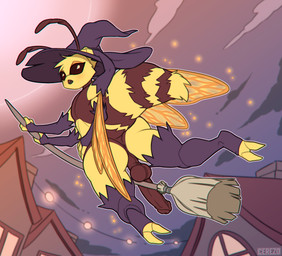 antennae_(anatomy) anthro arthropod_abdomen black_eyes broom broom_riding cleaning_tool clothing fur genitals hat headgear headwear male multi_arm multi_limb penis solo wings witch_hat yellow_body yellow_fur cerezo scotch_bell arthropod insect lepidopteran moth absurd_res hi_res tagme