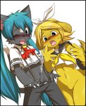 after_transformation alternate_species anthro black_body black_fur blonde_hair blue_eyes blue_hair blush bodily_fluids canid canine canis claws clothed clothing colored cum domestic_cat domestic_dog duo ejaculation erection felid feline felis female foreskin fur furrification genital_fluids genitals hair hatsune_miku hi_res humanoid_genitalia humanoid_penis kagamine_rin male mammal multi_nipple navel nipples one_eye_closed open_mouth partially_clothed penis simple_background sweat tongue tongue_out vocaloid yanoodle yellow_body yellow_fur