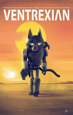 armor desert gun headgear helmet humor parody ranged_weapon rifle solo sun walking weapon unknown_artist final_space star_wars the_mandalorian avocato felid mammal ventrexian