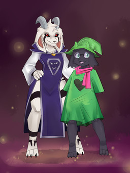 3_toes abstract_background anthro barefoot clothing duo eyewear feet fur glasses hat headgear headwear horn male robe round_glasses scarf standing toes white_body white_fur witch_hat zinnick deltarune undertale undertale_(series) asriel_dreemurr_(god_form) ralsei bovid caprine darkner goat mammal 2019 hi_res