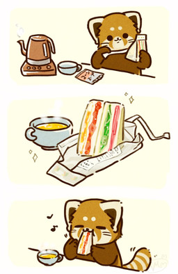 biped black_eyes black_nose chibi container cooking cup dot_eyes eyes_closed feral food kemono musical_note musical_symbol sandwich_(food) simple_eyes solo symbol tail text shi_nominmin ailurid mammal red_panda 2023 hi_res japanese_text