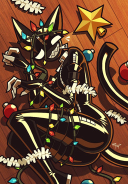 anthro baubles bdsm bondage bound christmas_decorations christmas_lights female gimp_suit holidays sharp_teeth solo string_lights teeth white_eyes zipper zipper_mouth notyoursagittarius christmas domestic_cat felid feline felis latex_creature living_latex mammal 2024