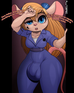anthro big_bulge bodily_fluids breasts bulge clothed clothing dialogue fur gynomorph intersex jumpsuit looking_at_viewer pink_nose shortstack shortstack_gynomorph shortstack_intersex solo standing sweat tail tan_body tan_fur teeth text thick_thighs wide_hips plundered chip_'n_dale_rescue_rangers disney gadget_hackwrench mammal mouse murid murine rodent 2023 absurd_res english_text hi_res