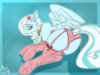bell blind clothing collar disability ears_back feathered_wings feathers female feral garter_straps legwear lingerie pivoted_ears raised_tail solo stockings tail wings poisindoodles hasbro my_little_pony mythology fan_character snowdrop_(character) equid equine mammal mythological_creature mythological_equine pegasus 4:3