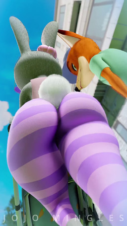 anthro big_butt biped bottomwear butt butt_focus butt_jiggle clothed clothed_anthro clothed_female clothing detailed_background duo ear_accessory female female_anthro jiggling looking_at_butt low-angle_view male male_anthro orange_body outside pants pattern_bottomwear pattern_clothing pattern_pants purple_clothing scut_tail short_tail striped_bottomwear striped_clothing striped_pants stripes stroller tail tight_bottomwear tight_clothing tight_pants walking worm's-eye_view jojomingles sound_warning hakya11_(modeler) disney zootopia judy_hopps nick_wilde canid canine european_rabbit fox lagomorph leporid mammal oryctolagus rabbit red_fox true_fox 2026 3d_(artwork) 3d_animation 9:16 animated digital_media_(artwork) hi_res short_playtime sound video