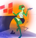 anthro bottomwear clothed clothing female footwear gun handgun high_heels holographic_screen legwear miniskirt pistol ranged_weapon shoes skimpy skimpy_topwear skirt solo stockings weapon piecrow vyla amphibian frog tree_frog hi_res