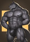 abs anthro big_pecs bodily_fluids bulge clothed clothing fur genitals glass glistening glistening_body grey_body grey_fur hand_on_hip male muscular muscular_anthro muscular_male pecs penis penis_base solo sweat tenting thick_penis tongue tongue_out underwear underwear_only earthist canid canine canis mammal wolf 2023 absurd_res colored grey_theme hi_res