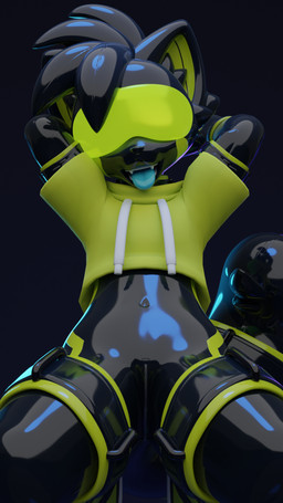 anthro black_latex blue_tongue clothing collar cropped_hoodie drone female green_clothing green_hoodie green_latex green_topwear hoodie kneeling latex latex_clothing latex_skinsuit multicolored_clothing multicolored_skinsuit skinsuit solo tail tight_clothing tongue tongue_out topwear two_tone_clothing two_tone_skinsuit visor jinxit pocky_(jinxit) ailurid mammal red_panda 2025 3d_(artwork) 9:16 digital_media_(artwork) hi_res