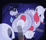 anthro anus backsack balls big_butt big_penis big_tongue black_sclera blue_clothing blue_eyes blue_gloves blue_handwear bodily_fluids butt butt_lick circumcised clothing cum fangs floating genital_fluids genitals gloves group half-closed_eyes handwear humanoid_genitalia humanoid_penis interspecies leaking_cum licking looking_back male male/male narrowed_eyes penis purple_background rear_view saliva saliva_on_tongue shell simple_background sound_effects sweat sweaty_butt tail teeth text thick_thighs tongue tongue_out white_body yellow_eyes badaboomey mario_bros nintendo boo_(mario) dry_bones 2024 english_text hi_res