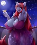 alcohol anthro beverage big_breasts blue_eyes breasts cleavage clothed clothing curvy_figure dress female full_moon genitals hair holding_glass holding_object horn huge_breasts long_hair looking_at_viewer moon night nipple_outline pussy red_hair sky slightly_chubby solo star starry_sky thick_thighs translucent translucent_clothing voluptuous wide_hips mleonheart hasbro my_little_pony mythology fan_character sini_(auriok) equid equine mammal mythological_creature mythological_equine unicorn 2018 digital_media_(artwork)