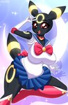 anthro big_breasts black_body black_fur bottomwear breasts clothed clothing female fur gesture hand_gesture looking_at_viewer red_eyes skirt solo v_sign alfa995 nintendo pokemon sailor_moon_(series) eeveelution generation_2_pokemon pokemon_(species) umbreon 2024 hi_res