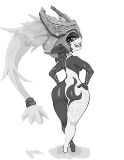 armor arms_bent biped blush breasts butt crossed_legs eyebrows eyelashes fangs featureless_crotch feet female female_humanoid fingers fused_shadow glistening glistening_armor glistening_butt glistening_eyes glistening_headgear glistening_helmet hair hand_on_hip headgear helmet humanoid_pointy_ears long_hair looking_at_viewer looking_back looking_back_at_viewer markings mostly_nude_female mostly_nude_humanoid multicolored_body open_mouth open_smile pointy_ears pupils rear_view shortstack shortstack_female simple_background small_breasts small_waist smile smiling_at_viewer solo standing teeth thick_thighs two_tone_body white_background wide_hips lisden nintendo the_legend_of_zelda twilight_princess midna humanoid imp twili 2020 digital_media_(artwork) full-length_portrait greyscale hi_res monochrome portrait