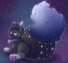 3_toes ambiguous_gender big_diaper black_body black_fur blue_tongue clean_diaper clothed clothing cosmic_background diaper dipstick_ears ear_markings feet feral fluffy fluffy_tail fur gloves_(marking) gradient_fur gradient_tail grey_body grey_fur hat headgear headwear leg_markings licking licking_lips looking_at_viewer looking_back looking_back_at_viewer lying markings multicolored_body multicolored_ears multicolored_fur narrowed_eyes on_front pawpads purple_nose purple_pawpads socks_(marking) solo space space_background star tail text toes tongue tongue_out wearing_diaper white_ear_tips poofykitten nintendo pokemon polaris_(saiph78) eevee generation_1_pokemon pokemon_(species) absurd_res artist_name full-length_portrait hi_res portrait signature