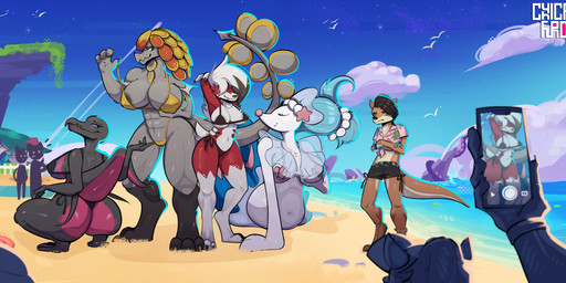 abs annoyed anthro beach big_breasts big_butt bikini black_hair bottomwear bra breasts brown_body brown_fur butt camera camera_phone clothing crossed_arms detailed_background female fur group hair hair_over_eyes midriff muscular muscular_anthro navel pose prosthetic prosthetic_arm prosthetic_limb seashell_bra shorts silhouette small_waist smile standing swimwear tail tan_body tan_fur thick_thighs triangle_bikini two-piece_swimsuit underwear wide_hips cynical_furo nintendo pokemon anika_shayne aquatic canid canine generation_7_pokemon kommo-o lycanroc mammal midnight_lycanroc mustelid otter pinniped pokemon_(species) primarina reptile salazzle scalie absurd_res digital_media_(artwork) hi_res