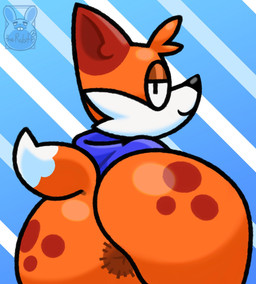anthro anus balls big_butt black_nose bottomless butt clothed clothing dipstick_tail fur genitals hoodie looking_at_viewer looking_back male markings orange_body orange_fur pattern_background rear_view shortstack shortstack_male simple_background smile smug solo striped_background tail tail_markings topwear ornyrabi77 soups_(superiorfox) canid canine fox mammal hi_res