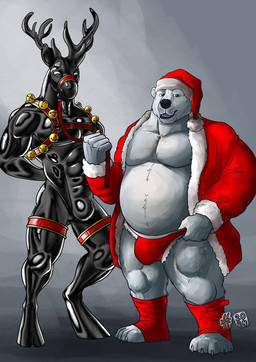 abs anthro antlers belly big_belly black_antlers black_body black_nose brown_eyes bulge christmas_clothing christmas_headwear claws clothed clothing costume detailed_bulge drone duo fangs fur genital_outline harness hat headgear headwear holidays horn looking_at_viewer male male_anthro muscular muscular_anthro muscular_male narrowed_eyes open_mouth overweight overweight_anthro overweight_male pecs penis_outline red_harness santa_costume santa_hat simple_background standing teeth toe_claws white_body white_claws white_fur hufnaar christmas bear deer latex_creature mammal new_world_deer polar_bear reindeer ursine 2024 dated hi_res
