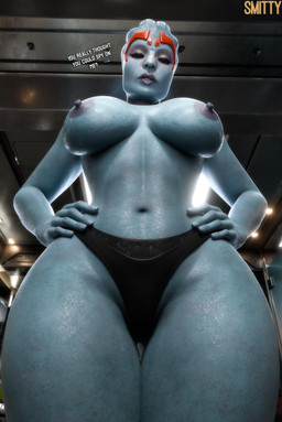 areola big_breasts black_clothing black_panties black_underwear blue_body blue_skin breasts clothing dialogue female glistening glistening_body glistening_breasts glistening_skin hands_on_hips looking_at_viewer low-angle_view nipples not_furry panties solo thick_thighs thigh_gap underwear ventral_groove wide_hips smitty34 bioware electronic_arts mass_effect samara alien alien_humanoid asari humanoid 2026 3d_(artwork) absurd_res digital_media_(artwork) hi_res