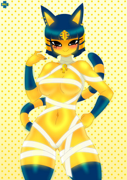 ankh anthro black_eyes breasts colored_nails dotted_background egyptian female hair jewelry looking_at_viewer multicolored_hair nails navel necklace pattern_background short_hair simple_background smile solo two_tone_hair uraeus wraps razplus animal_crossing nintendo ankha_(animal_crossing) domestic_cat felid feline felis mammal 2017 hi_res