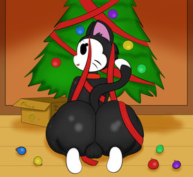 anthro balls big_butt black_body butt collar femboy fur genitals holidays male red_collar solo tail white_body jonsc brawl_stars christmas supercell_(company) kit_(brawl_stars) domestic_cat felid feline felis mammal hi_res
