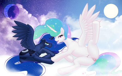 anatomically_correct anatomically_correct_genitalia anatomically_correct_vulva animal_genitalia animal_vulva anus blue_hair cloud cutie_mark duo equine_genitalia equine_vulva feathered_wings feathers female feral genitals hair horn long_hair looking_at_viewer moon multicolored_hair night on_cloud outside princess purple_eyes quadruped royalty sky skyscape spread_legs spreading star starry_sky sun tail teal_eyes teats vulva wings arareroll friendship_is_magic hasbro my_little_pony mythology princess_celestia_(mlp) princess_luna_(mlp) equid equine mammal mythological_creature mythological_equine winged_unicorn 16:10 2012 digital_media_(artwork) widescreen sibling_(lore) sister_(lore) sisters_(lore)