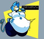 abdominal_bulge anthro anthro_pred belly big_belly big_breasts blue_hair breasts clothing deltarune digestion digital_media_(artwork) domestic_cat duo english_text felid feline felis female female_pred forced fur hair hi_res machine mammal oral_vore outline robot size_difference springhell1201 tasque_manager text thick_thighs undertale_(series) unwilling_prey vore