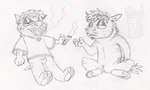 anthro balls bottomless chibi claws clothed clothing crotch_tuft drugs duo eyebrows facial_hair finger_claws flaccid fur genitals goatee hair half-closed_eyes holding_object holding_smoking_pipe hooves male male_anthro mane marijuana mustache narrowed_eyes nude open_mouth open_smile pawpads penis plantigrade shirt simple_background sitting smile smile_lines smoke smoking smoking_marijuana smoking_pipe smoking_smoking_pipe stoned substance_intoxication tail teeth topwear tuft underhoof unguligrade white_background ed_mortis fluffy_pony edward_fuckshits canid canine canis domestic_dog fluffy_pony_(species) mammal 2024 graphite_(artwork) greyscale monochrome sketch traditional_media_(artwork) watermark trans_(lore) trans_man_(lore)