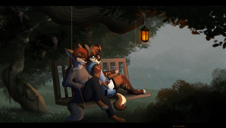 anthro barefoot black_bars black_nose blue_eyes brown_hair clothed clothing day detailed_background digitigrade duo eyes_closed feet female grass hair lamp lantern male orange_hair outside plant sitting smile tree kitchiki canid canine canis domestic_dog fox mammal hi_res letterbox