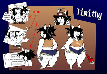 :3 anthro black_hair bottomwear breasts cleavage clothed clothed_anthro clothed_female clothing female female_anthro gun hair hat headgear headwear mechanic ranged_weapon shorts slightly_chubby slightly_chubby_anthro slightly_chubby_female solo standing text thick_thighs weapon yapping loudnormal4 timithy_(loudnormal4) domestic_cat felid feline felis mammal 2025 english_text model_sheet