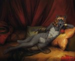 2019 anthro biped canid canine canis detailed_background female flower fur grey_body grey_fur hair hi_res inside ira-arn looking_at_viewer lying mammal navel nude on_side pillow plant pose rose_(flower) silk solo wolf yellow_eyes