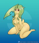 barefoot bayleef belly big_butt breasts butt dex_appeal dinosaur feet generation_2_pokemon genitals green_hair green_lips green_nipples gynomorph hair hi_res humanoid intersex leaf leaves_on_body lips long_neck looking_at_viewer navel nintendo nipples nude penis plant pokemon pokemon_(species) pokemorph red_eyes reptile scalie simple_background sitting smile solo tail yellow_body yellow_skin