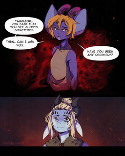 anthro big_ears blonde_hair blue_eyes clothed clothing creepy dialogue duo ears_down ears_up facial_tattoo fangs female freckled_face freckled_neck freckles hair long_ears looking_at_viewer male open_mouth orange_hair pivoted_ears ponytail purple_body red_eyes scar simple_background spikes tattoo teeth text topwear wide_eyed worried wanderertamplior european_mythology mythology sentry_(duscride) tamplior_(duscride) dhakkar dragon drakian_(duscride) ghost mammal mythological_creature mythological_scalie scalie spirit western_dragon 4:5 comic digital_media_(artwork) english_text hi_res