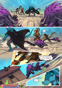 anthro axe battle_axe blue_body bow_(weapon) colored_fire day dialogue dual_wielding feral fire green_fire holding_object holding_weapon hooded_cloak long_tail melee_weapon polearm pose pseudo_hair ranged_weapon shocked spear sword tail tentacle_hair tentacles text village weapon zummeng alexander_(zummeng) leopold_(zummeng) lily_(zummeng) miralle aquatic bovid caprine cephalopod coleoid deity demigod domestic_cat felid feline felis goat hybrid lion mammal mollusk monster octopodiform pantherine 2026 comic english_text hi_res daughter_(lore) father_(lore) father_and_child_(lore) father_and_daughter_(lore) parent_(lore) parent_and_child_(lore) parent_and_daughter_(lore)