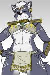 1_eye 2019 alternate_costume anthro armor bottomwear breasts canid canine canis circlet clothed clothing clothing_swap collar color_edit colored cosplay crossgender digital_media_(artwork) ear_piercing ear_ring exposure_variation female fur gold_(metal) gold_jewelry grey_body grey_fur heresy_(artist) hi_res jewelry krystal_(star_fox) loincloth looking_at_viewer low-angle_view mammal navel necklace nintendo piercing ring_piercing scar shoulder_pads skimpy solo star_fox tattoo third-party_edit tribal under_boob wolf wolf_o'donnell