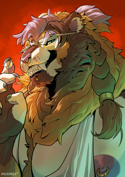 anthro braided_hair chin_piercing ear_piercing ear_ring eyebrow_piercing eyewear facial_piercing glasses hair male mane mane_hair multicolored_hair nipple_slip nose_piercing nose_ring piercing ponytail ring_(jewelry) ring_piercing smile smiling_at_viewer solo teeth teeth_showing wearing_glasses mocamoca toffee_(mocamoca) felid lion mammal pantherine hi_res