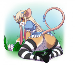 accessory all_fours anthro anus backsack balls bangs biped blonde_hair blunt_bangs blush bow_(feature) bow_accessory bow_ribbon butt clothed clothing crossdressing dress easter_egg eyewear femboy footwear furgonomics genitals glasses hair high_heels holidays kneeling legwear lips looking_at_viewer looking_back male pattern_clothing pattern_legwear ribbons shoes simple_background solo stockings striped_clothing striped_legwear stripes tail tail_accessory tail_bow tail_ribbon thick_lips thigh_highs lavenderpandy easter mamori_sweets mammal mouse murid murine rodent digital_media_(artwork) trans_(lore) trans_woman_(lore)