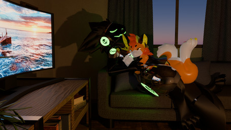 anthro armor biped black_body black_hand black_hands body_hair breastplate butt c.a.m. chrome chrome_body cuddling cybernetic_arm cybernetic_hand cybernetic_limb cybernetics digitigrade duo electronics fingers fluffy fluffy_ears fluffy_hair fluffy_tail fur furniture glowing glowing_body glowing_eyes green_body green_eyes grey_body grey_fur grey_hair hair living_room lying lying_on_another lying_on_sofa machine male metal metallic_body military multicolored_body multicolored_fur neck_tuft on_back on_front on_sofa orange_body prosthetic prosthetic_arm prosthetic_hand prosthetic_limb protogen_armor protogen_face protogen_visor protogenized robotic robotic_arm robotic_hand robotic_limb screen screen_face smile sofa soldier special_forces tail tail_tuft television tuft warrior white_body vibincane9 mythology cane9 yuri_chacal canid canine canis goobastera jackal mammal mythological_creature protogen 16:9 3d_(artwork) colored digital_media_(artwork) hi_res widescreen