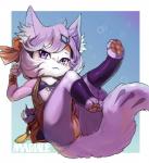 anthro blush camel_toe clothing female fur hair legwear paws purple_body purple_eyes purple_fur purple_hair simple_background solo stockings magiace konami yu-gi-oh! fur_hire recon_scout_fur_hire canid canine duel_monster fennec_fox fox mammal true_fox hi_res