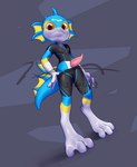 anthro blue_body blue_tail clothing fin genitals glistening glistening_body gloves_(marking) head_fin headgear headwear male markings penis solo swimwear tail fishy_fizz mythology aquatic_dragon dragon marine mythological_creature mythological_scalie scalie hi_res