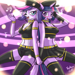 alternative_fashion anthro anthrofied blue_eyes blush bottomwear breasts cleavage clothed clothing collar duo electronics female flat_cap fur hair hat headgear headwear horn j-fashion japanese_idol legwear long_hair looking_at_viewer microphone multicolored_hair music navel open_mouth purple_body purple_eyes purple_fur purple_hair skirt stockings tail two_tone_hair y2k_(fashion) skykain friendship_is_magic hasbro littlest_pet_shop littlest_pet_shop_(2012) my_little_pony mythology twilight_sparkle_(mlp) zoe_trent bird_dog canid canine canis cavalier_king_charles_spaniel domestic_dog equid equine hunting_dog mammal mythological_creature mythological_equine spaniel toy_dog unicorn 1:1 2012 crossover