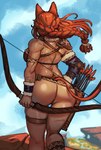 arm_scar armband armor armwear arrow_(weapon) belt big_butt biped black_armwear black_clothing bottomless bottomless_female bottomless_humanoid bow_(weapon) braided_hair braided_ponytail breasts butt clothed clothing cloud day detailed_background female fur fur_trim_(clothing) glistening glistening_body glistening_butt glistening_skin hair hand_on_hip holding_object holding_ranged_weapon holding_weapon humanoid_hands jewelry legband long_hair medium_breasts monotone_body monotone_fur monotone_hair monotone_tail muscular muscular_female muscular_humanoid necklace orange_body orange_ears orange_fur orange_hair orange_tail outside ponytail pose quiver_(object) ranged_weapon rear_view scar shoulder_guards skimpy sky solo standing tail tan_body tan_skin thigh_gap thighband tribal vambrace weapon windblown_hair ezzyecchi animal_humanoid cat_humanoid felid felid_humanoid feline feline_humanoid humanoid mammal mammal_humanoid 2023 absurd_res colored digital_media_(artwork) hi_res pinup portrait shaded three-quarter_portrait