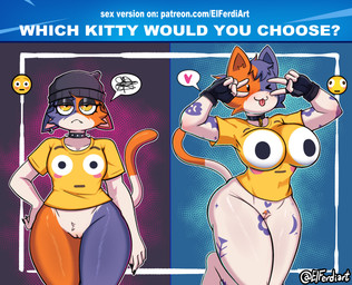 :3 anthro big_breasts biped blush breast_size_difference breasts clothed clothing collar dot_eyes ear_piercing female female_anthro genitals gesture hand_gesture happy looking_at_viewer no_underwear piercing serious shirt simple_eyes small_breasts standing tail thick_thighs tongue tongue_out topwear v_sign vulva yellow_clothing yellow_shirt yellow_topwear elferdiart epic_games fortnite fortnite:_battle_royale cate_meowdy meow_skulls calico_cat domestic_cat felid feline felis humanoid mammal hi_res