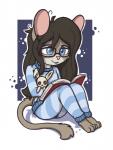 anthro biped blue_eyes book brown_body brown_fur brown_hair buckteeth clothed clothing eyewear female fur glasses hair holding_object pajama_pants pajama_shirt plushie reading simple_background sitting smile solo teeth young young_anthro aggie_(artist) miri_(aggie) dormouse edible_dormouse mammal rodent 2018 digital_media_(artwork)