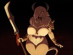 anthro big_breasts breasts chest_tuft female genitals hair hair_over_eye holding_melee_weapon holding_object holding_weapon melee_weapon nude one_eye_obstructed pussy solo tuft weapon matypup european_mythology greek_mythology mythology bovid bovine mammal minotaur 4:3 hi_res