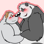 anthro belly big_belly black_body black_nose blush duo facial_piercing grey_body male nose_piercing nose_ring overweight overweight_male piercing ring_piercing simple_background jakegr bod kanon bear canid canine canis domestic_dog giant_panda mammal 2022 hi_res