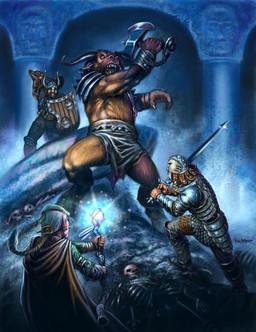 armor axe battle battle_axe fight group hammer hooves horn magic magic_user male melee_weapon polearm shield staff sword tools warrior weapon eric_lofgren european_mythology greek_mythology mythology bovid bovine dwarf human humanoid mammal minotaur