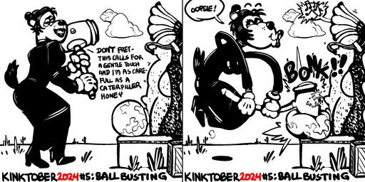 anthro ballbusting balls bdsm big_balls bodily_fluids bondage bound cock_and_ball_torture cum desert duo ejaculation encasement female genital_fluids genital_torture genitals hammer male onomatopoeia sound_effects text tools sapervash kinktober kinktober_2024 2024 2:1 english_text hi_res