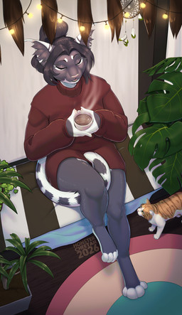 ambiguous_gender anthro biped breasts claws clothed clothed_anthro clothed_female clothing duo feet female feral fingers front_view fur hair inside sitting smile spots tail teeth toes tongue monstercheetah domestic_cat felid feline felis mammal 2026 digital_drawing_(artwork) digital_media_(artwork) hi_res