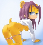 all_fours anthro bent_over black_nose blue_eyes breasts clothing eyelashes female fur genitals hair half-closed_eyes looking_at_viewer looking_back narrowed_eyes nipples panties purple_hair pussy simple_background solo underwear yellow_body yellow_fur prettypinkprincess archie_comics sega sonic_the_hedgehog_(archie) sonic_the_hedgehog_(comics) sonic_the_hedgehog_(series) isabella_mongoose herpestid mammal mongoose