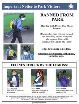 adolescent anthro backpack black_hair blue_eyes breast_pocket bruised bruised_arm bruised_belly bruised_head clothed clothing clothing_lift collared_shirt contraption dress_shirt facial_hair female fence food frown fruit fur goatee green_eyes grey_body grey_fur grumpy hair holding_food holding_fruit holding_object humor lemon looking_at_viewer male mane markings mismatched_sexual_dimorphism notice outside park parody pawprint_print plant poster ranged_weapon red_hair shirt shirt_lift slacks solo spots spotted_body spotted_fur stone_path t-shirt text tie-dye topwear tree undershirt weapon white_spots wounded young gaikotsu ryland_(trexler) canid canine canis cheetah domestic_dog felid feline lion mammal pantherine tiger draw_over english_text hi_res meme multiple_images url