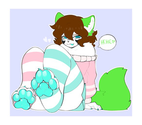 anthro biped black_markings blue_claws blue_eyes blue_pawpads blue_tongue border bottomwear brown_hair claws clothed clothing crossdressing curly_hair feet foot_focus fur green_ears green_tail hair hoodie legwear looking_at_viewer male markings multicolored_clothing multicolored_legwear multicolored_thigh_highs pattern_clothing pattern_legwear pattern_thigh_highs pawpads paws pink_clothing plantigrade raised_paw simple_background sitting skirt solo speech_bubble striped_clothing striped_legwear striped_thigh_highs stripes tail text thigh_highs tongue tongue_out topwear white_body white_border white_fur rotten_mice nyxu canid canine canis domestic_dog mammal absurd_res hi_res